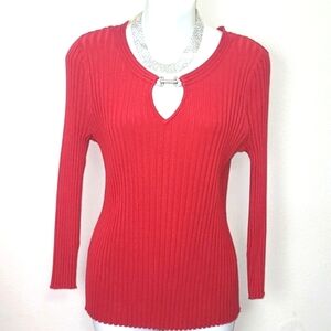 R.Q.T Sweater Red Silver Bit Embellished Keyhole neck knit stretch M